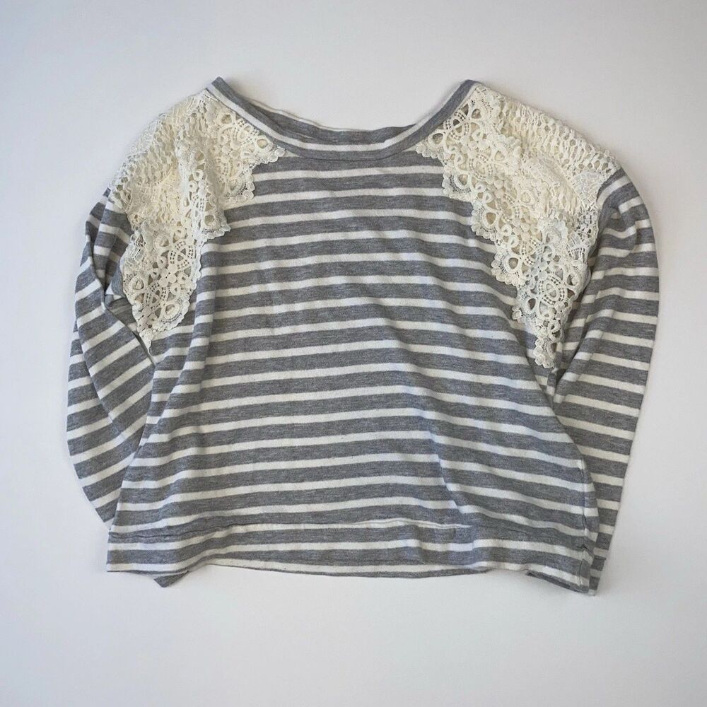 Women's Gray & White Striped Boat Neck Knit Top Lace Yoke Size L - Picture 3 of 5